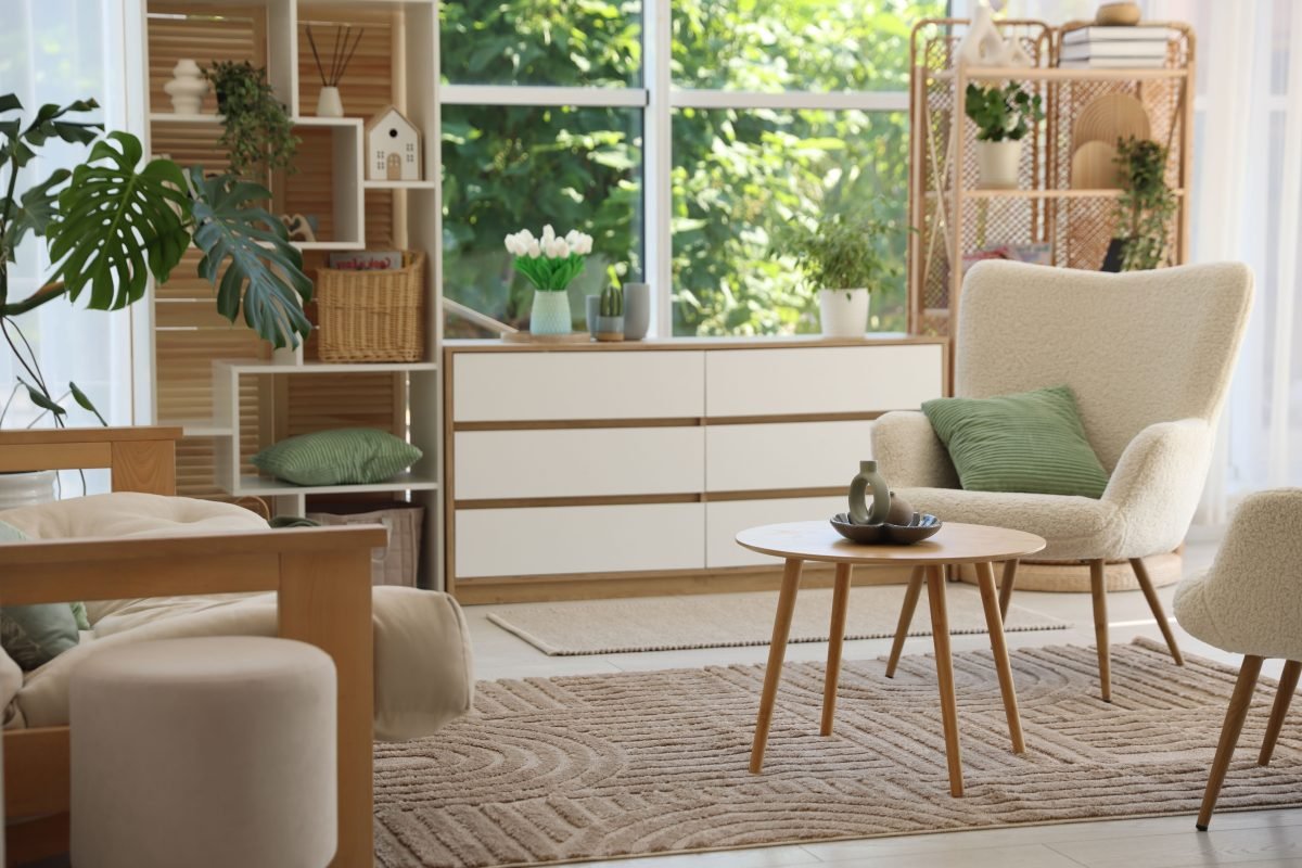 Salon lumineux et contemporain avec plantes, dans notre showroom de 1 000 m² à Coulommiers