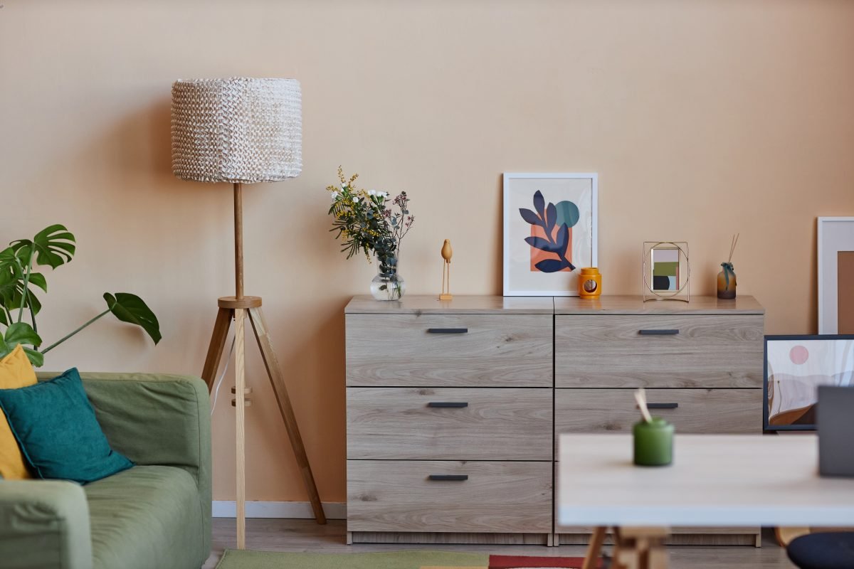 Buffet en bois et canapé dans un salon aménagé